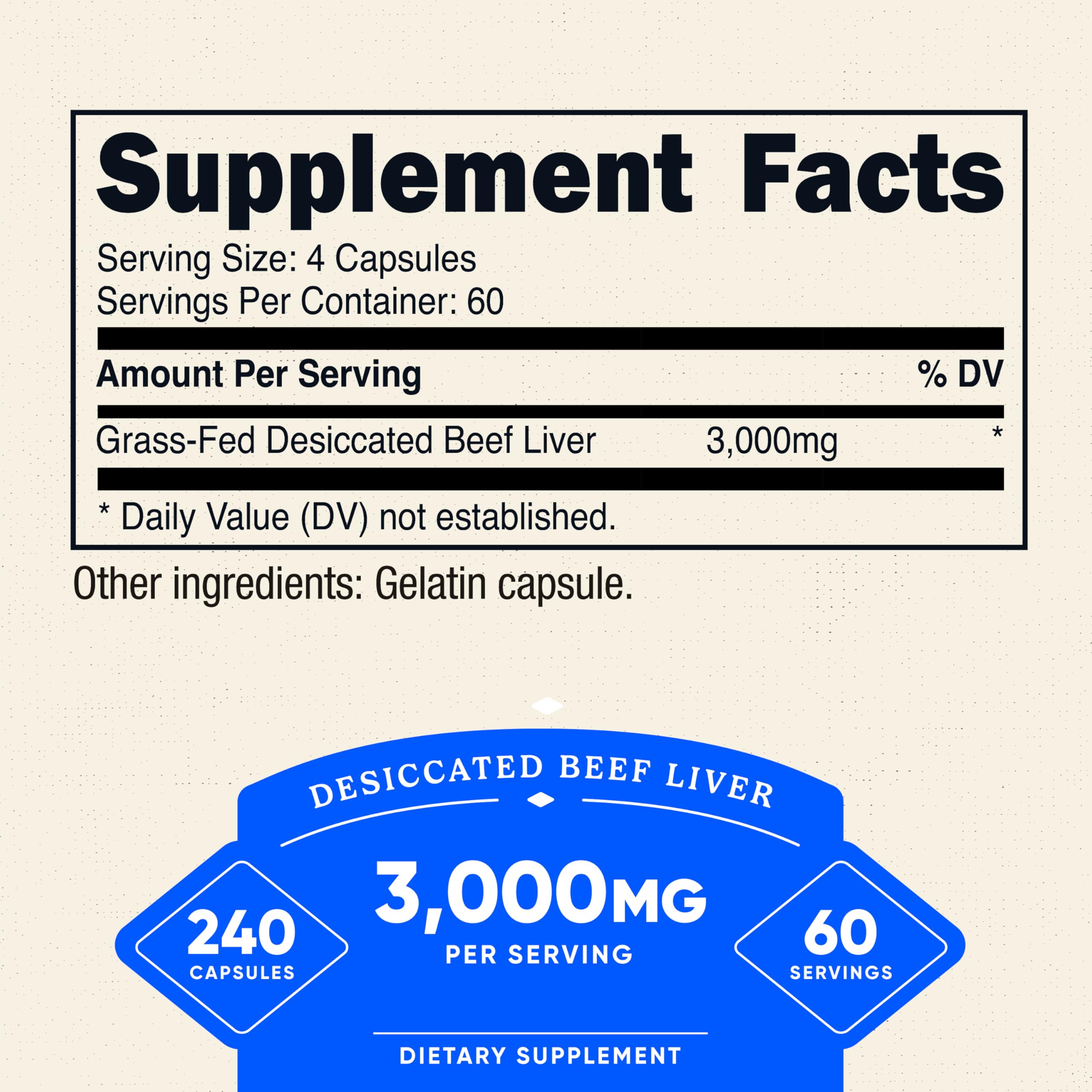 Nutricost Grass-Fed Desiccated Beef Liver Capsules 3000mg per Serving | 60 Servings (240 Caps)