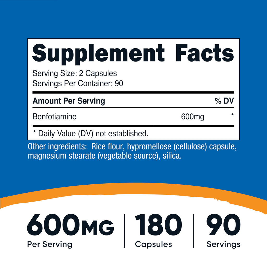Nutricost Benfotiamine 600 mg | 180 Capsules – Fat-Soluble Vitamin B1 (Thiamine) – Gluten Free, Non-GMO, Vegan