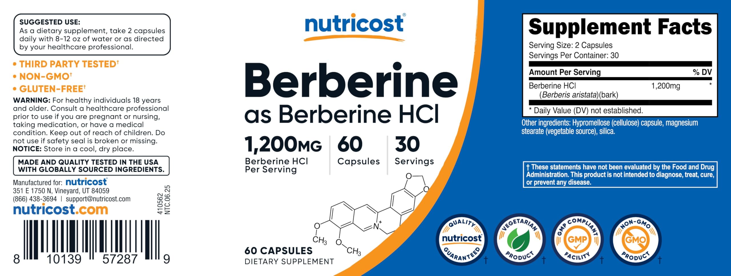 Nutricost Berberine HCl 1200mg | 60 Vegetarian Capsules | Gluten Free & Non-GMO