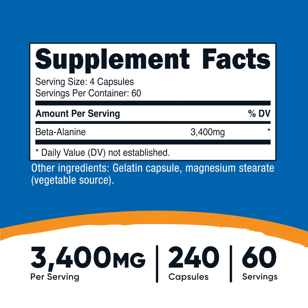 Nutricost Beta-Alanine Capsules 3400mg | 60 Servings (850mg per cap) – Gluten Free & Non-GMO, Made in USA