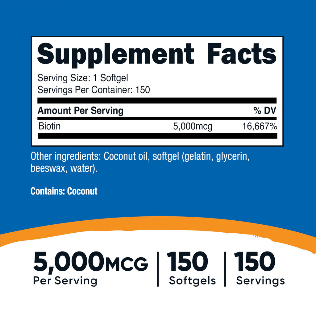 Nutricost Biotin 5,000mcg – 150 Softgels | Vitamin B7, Gluten Free, Non-GMO