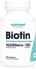Nutricost Biotin for Women 10,000mcg – 120 Capsules with Folate & Collagen
