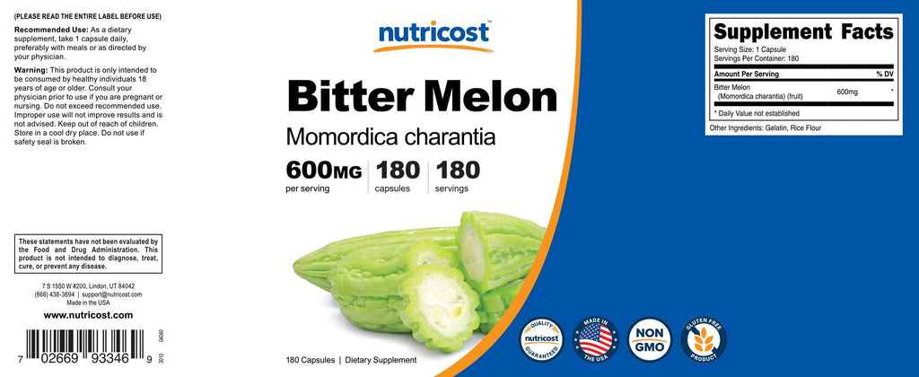Nutricost Bitter Melon 600mg (2,400mg Equivalent) - 180 Capsules | Gluten Free, Non-GMO