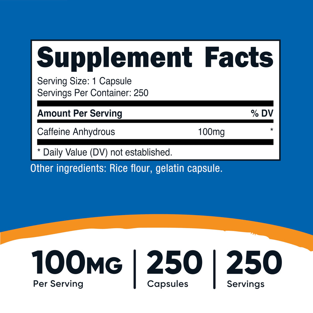 Nutricost Caffeine Pills 100mg per Serving – 250 Capsules | Energy & Focus