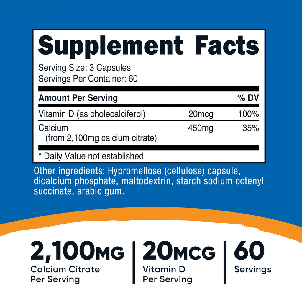 Nutricost Calcium Citrate + Vitamin D – 180 Capsules, 60 Servings (2100 mg Calcium Citrate, 20 mcg Vitamin D)