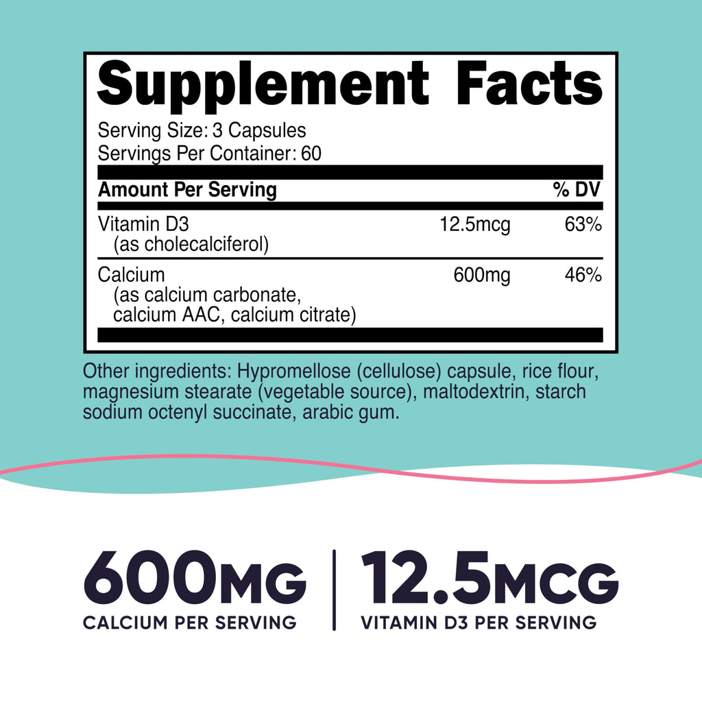Nutricost Calcium 600mg + Vitamin D3 12.5mcg for Women – 180 Capsules (60 Servings) – Vegan, Non-GMO, Gluten Free