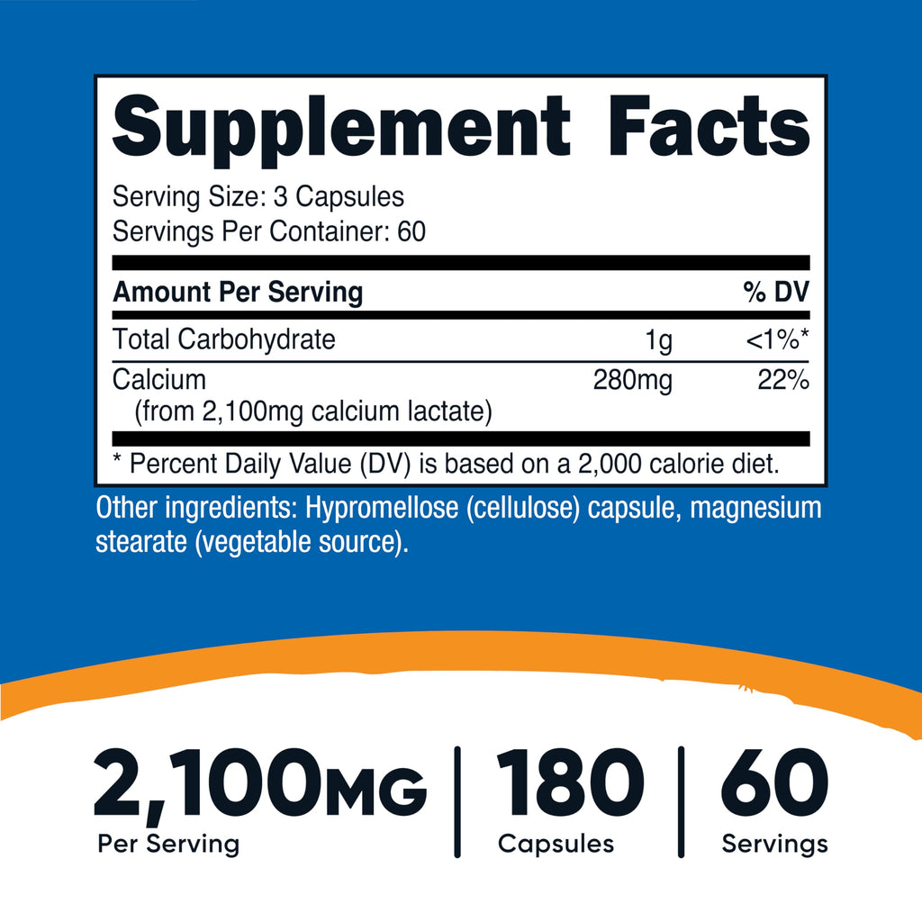 Nutricost Calcium Lactate 2,100mg - 180 Capsules | Vegan, Non-GMO, Gluten Free, 60 Servings