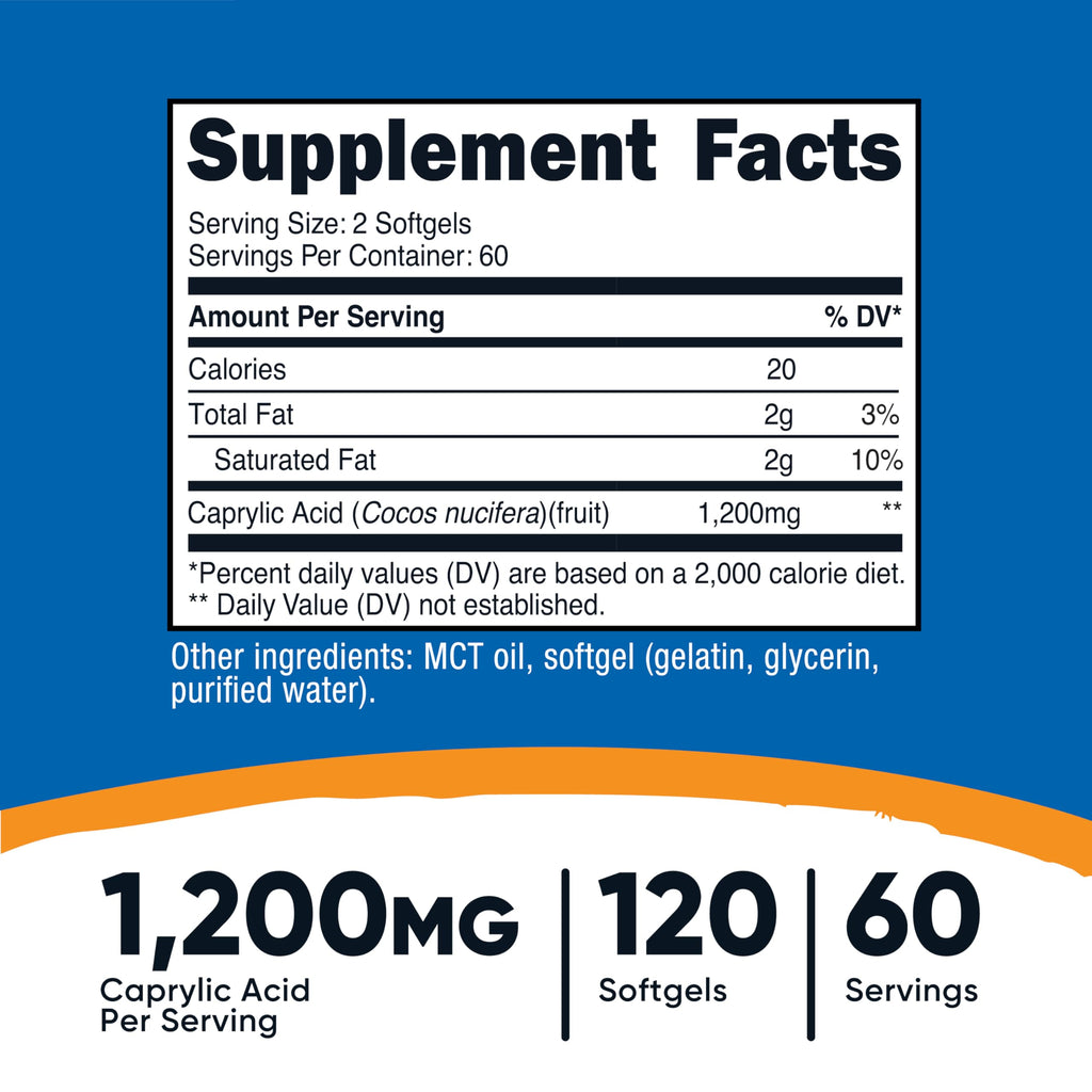 Nutricost Caprylic Acid 1200mg, 120 Softgels – GMO Free, Gluten Free