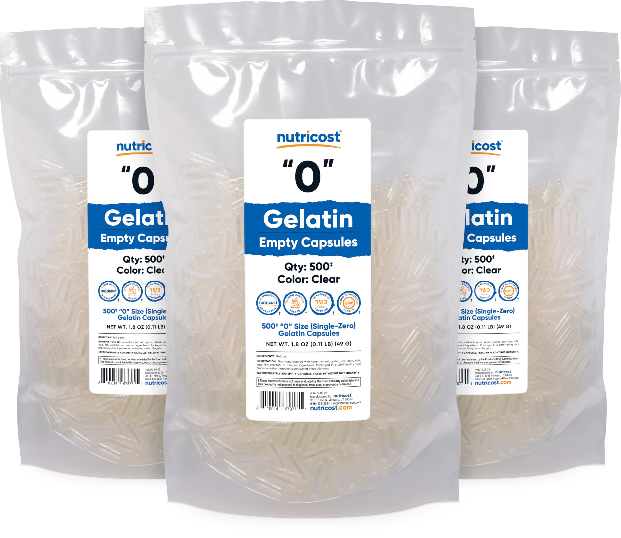 Nutricost Empty Gelatin Capsules Size 0 (500 Count) – Clear, Kosher, Non-GMO, Soy Free, Gluten Free