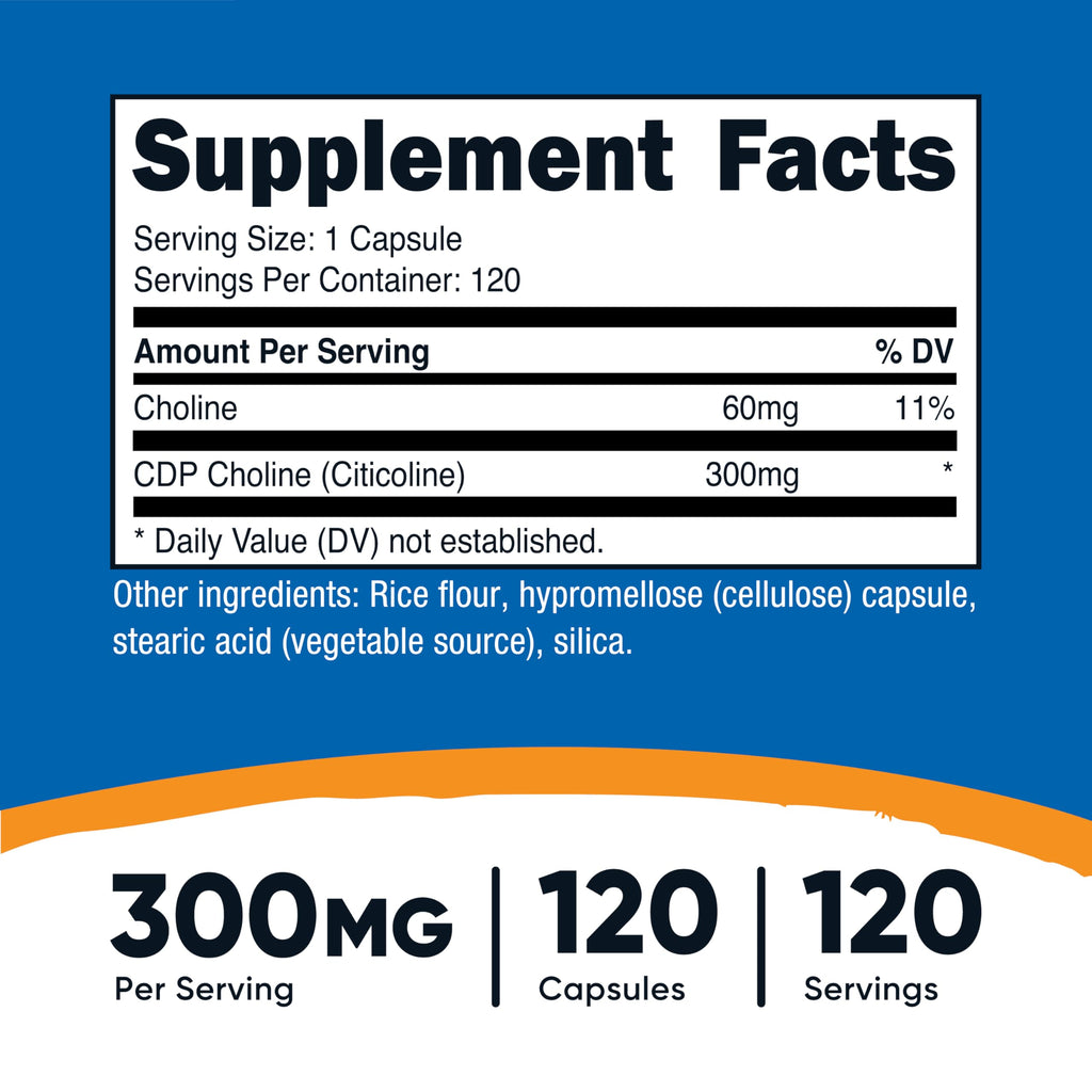 Nutricost CDP Choline (Citicoline) 300mg – 120 Vegetarian Capsules | Non-GMO, Gluten Free