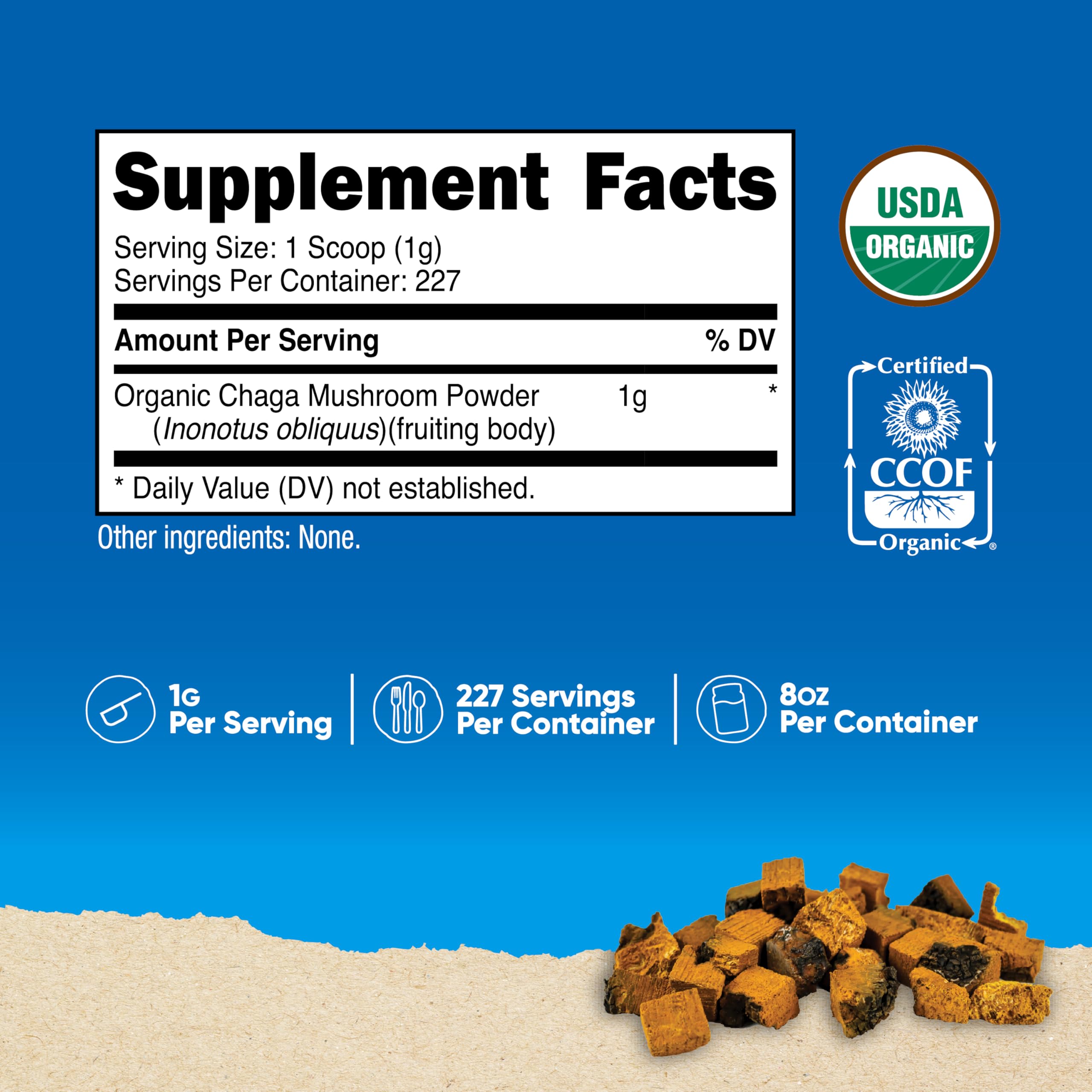 Nutricost 100% Organic Chaga Mushroom Powder 8oz (227 Servings) - USDA Organic, Gluten Free & Non-GMO