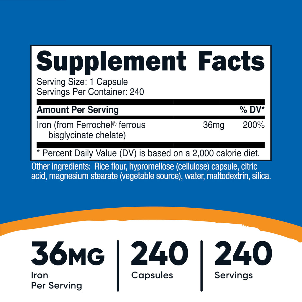 Nutricost Chelated Iron (Ferrochel) 36mg – 240 Capsules