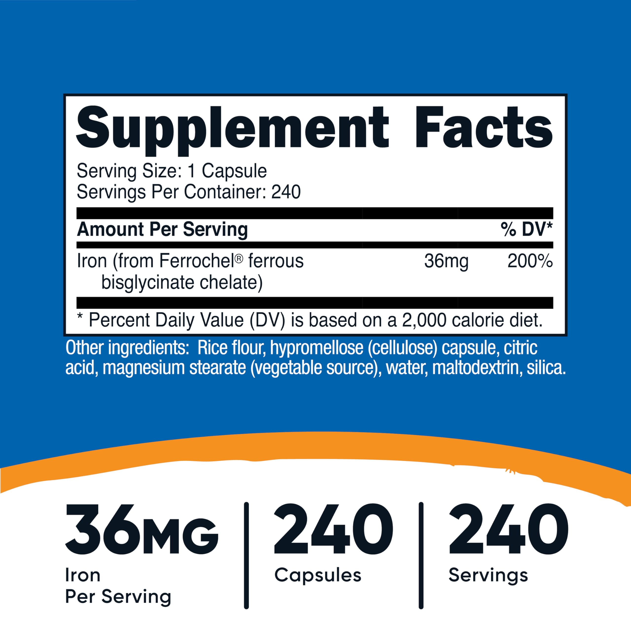 Nutricost Chelated Iron (Ferrochel) 36mg – 240 Capsules