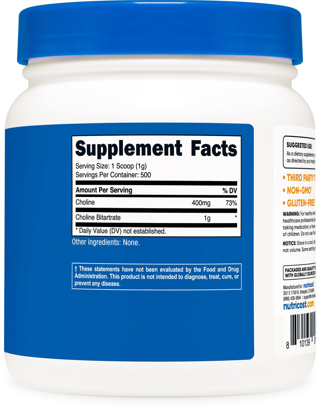 Nutricost Pure Choline Bitartrate Powder 500g – Gluten Free & Non-GMO