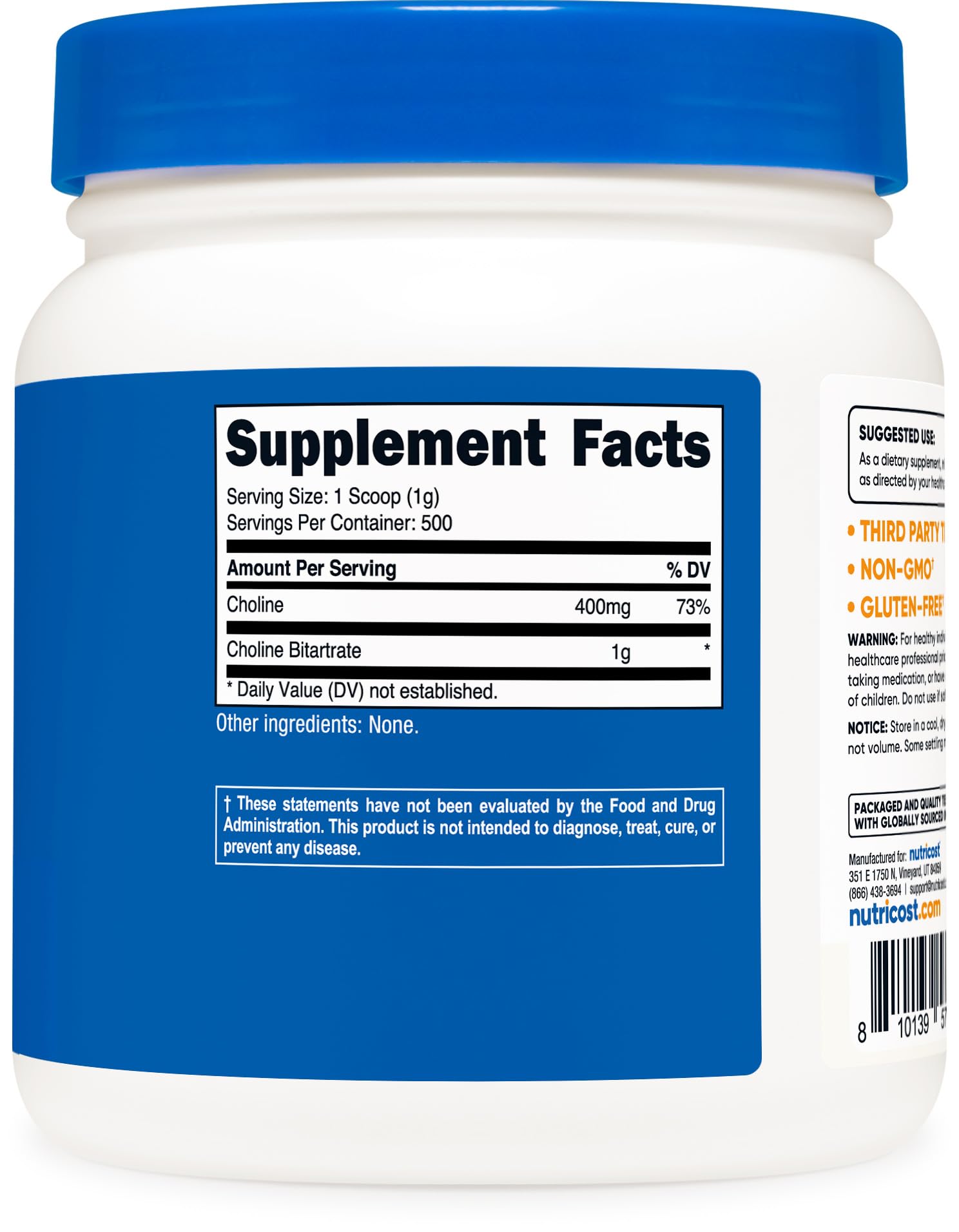 Nutricost Pure Choline Bitartrate Powder 500g – Gluten Free & Non-GMO