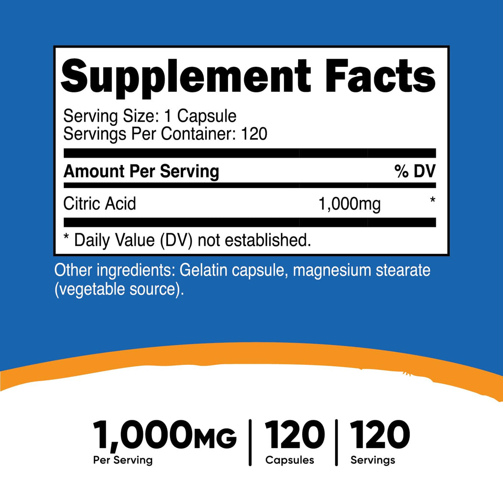 Nutricost Citric Acid 1000mg (1g) - 120 Capsules - Gluten Free, Non-GMO