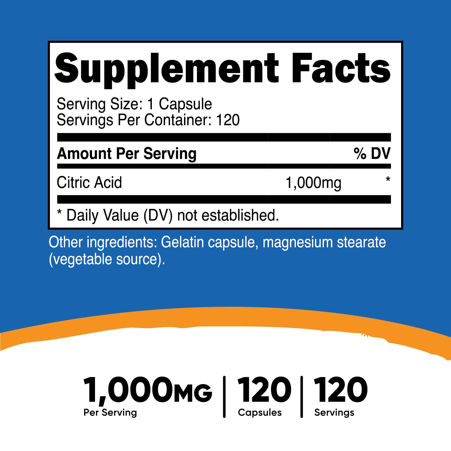 Nutricost Citric Acid 1000mg (1g) - 120 Capsules - Gluten Free, Non-GMO