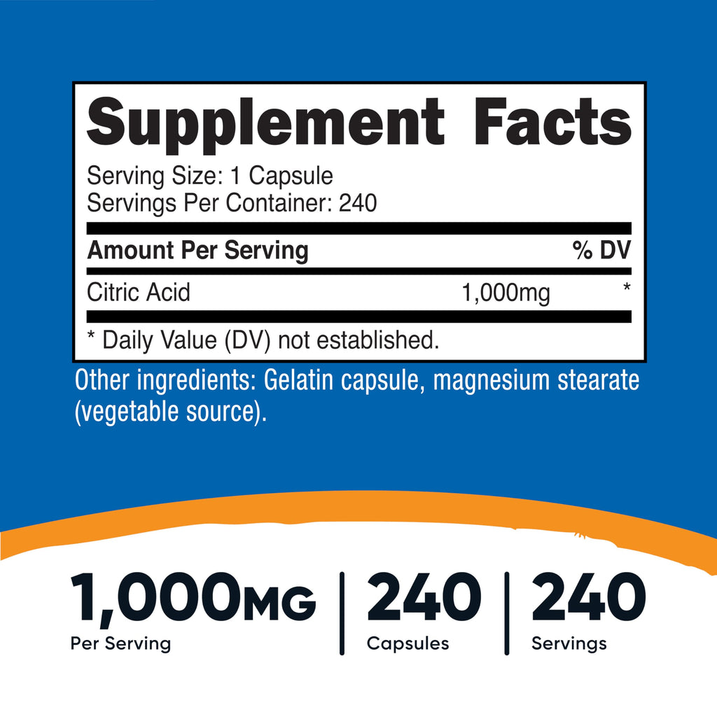 Nutricost Citric Acid 1000mg — 240 Capsules | Gluten Free, Non-GMO