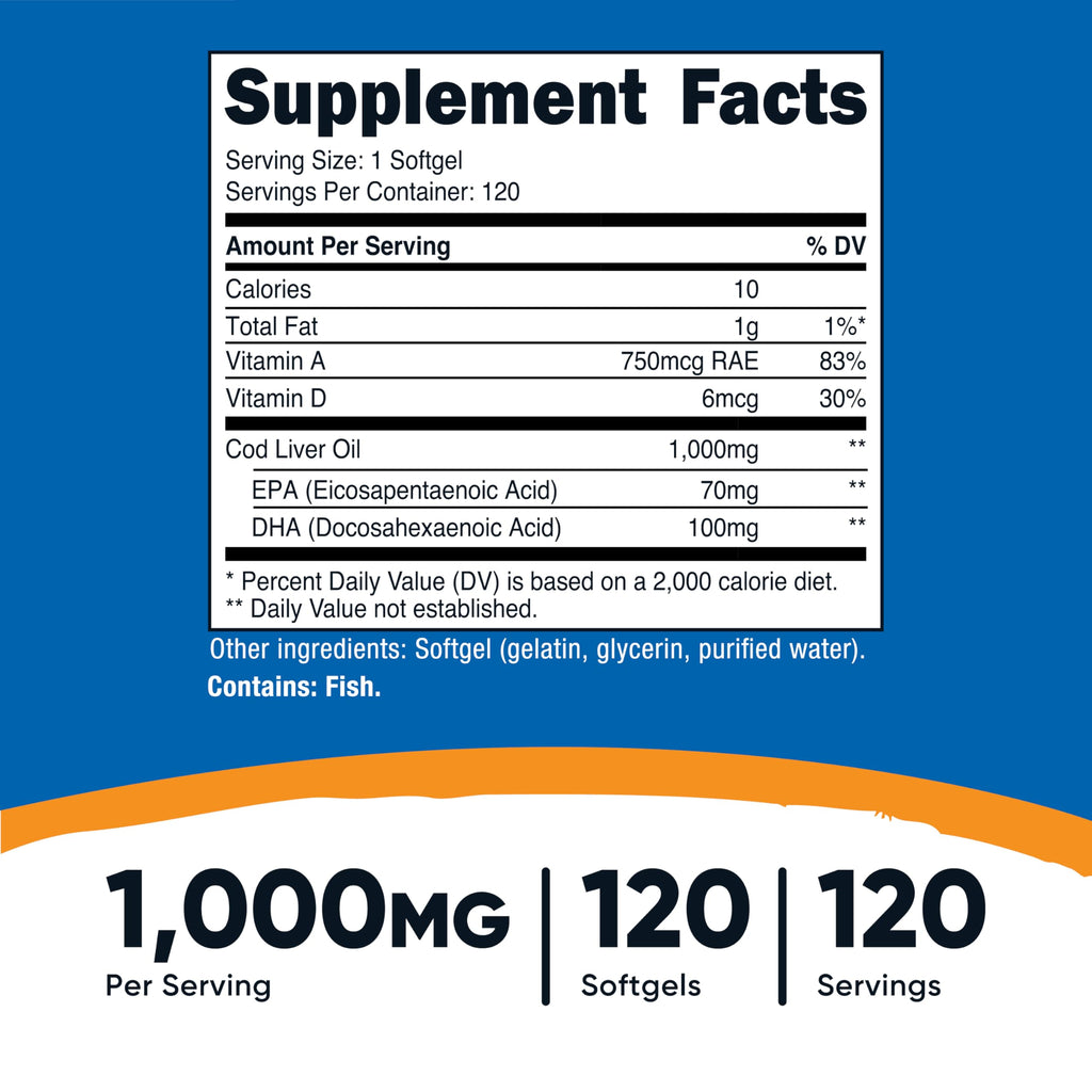 Nutricost Cod Liver Oil 1000mg, 120 Softgels – Non-GMO & Gluten Free