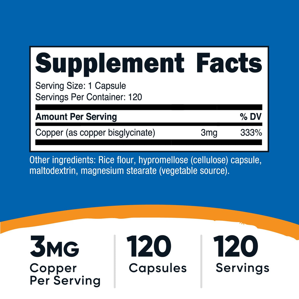 Nutricost Copper Glycinate Capsules – 120 Count, 3 mg Copper per Serving | Non-GMO & Vegan