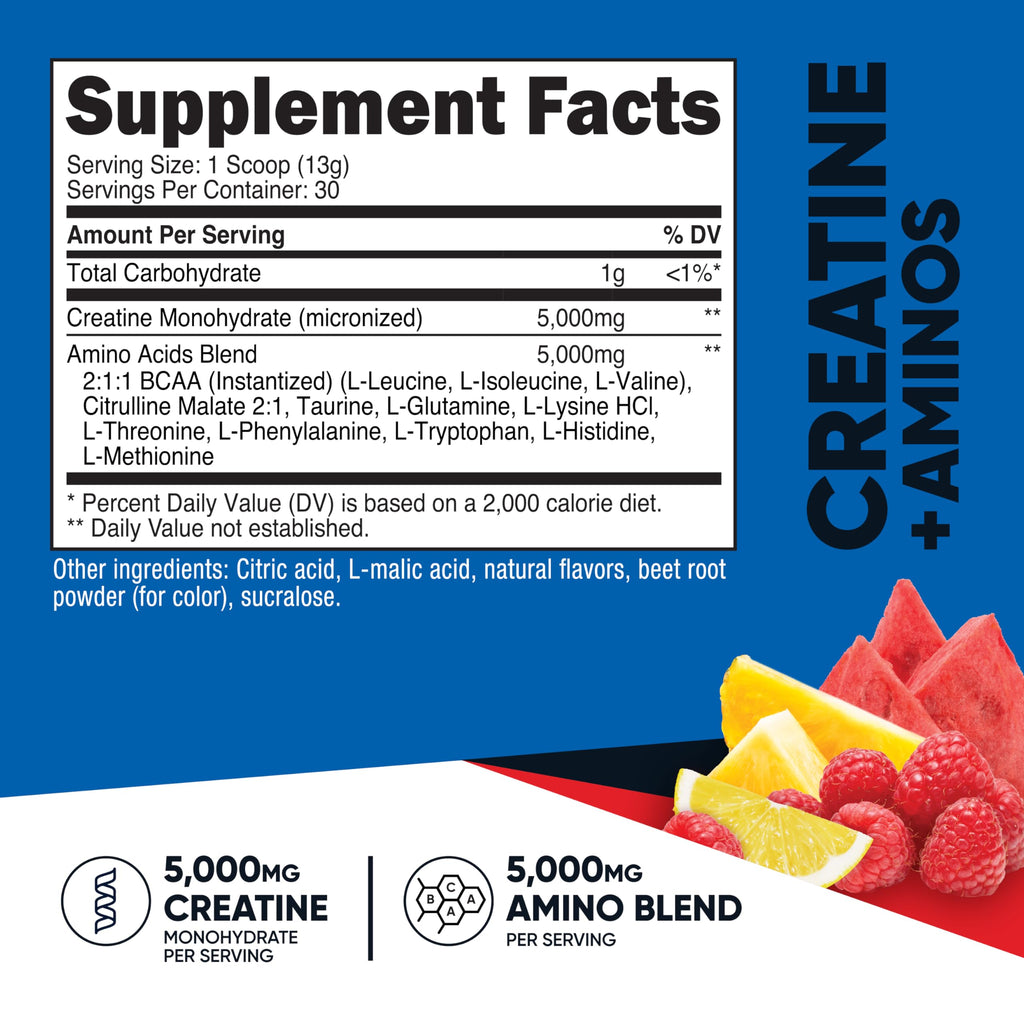 Nutricost Creatine + Aminos (30 Servings) – Fruit Punch, 5,000 mg Creatine Monohydrate + 5,000 mg BCAA per Serving