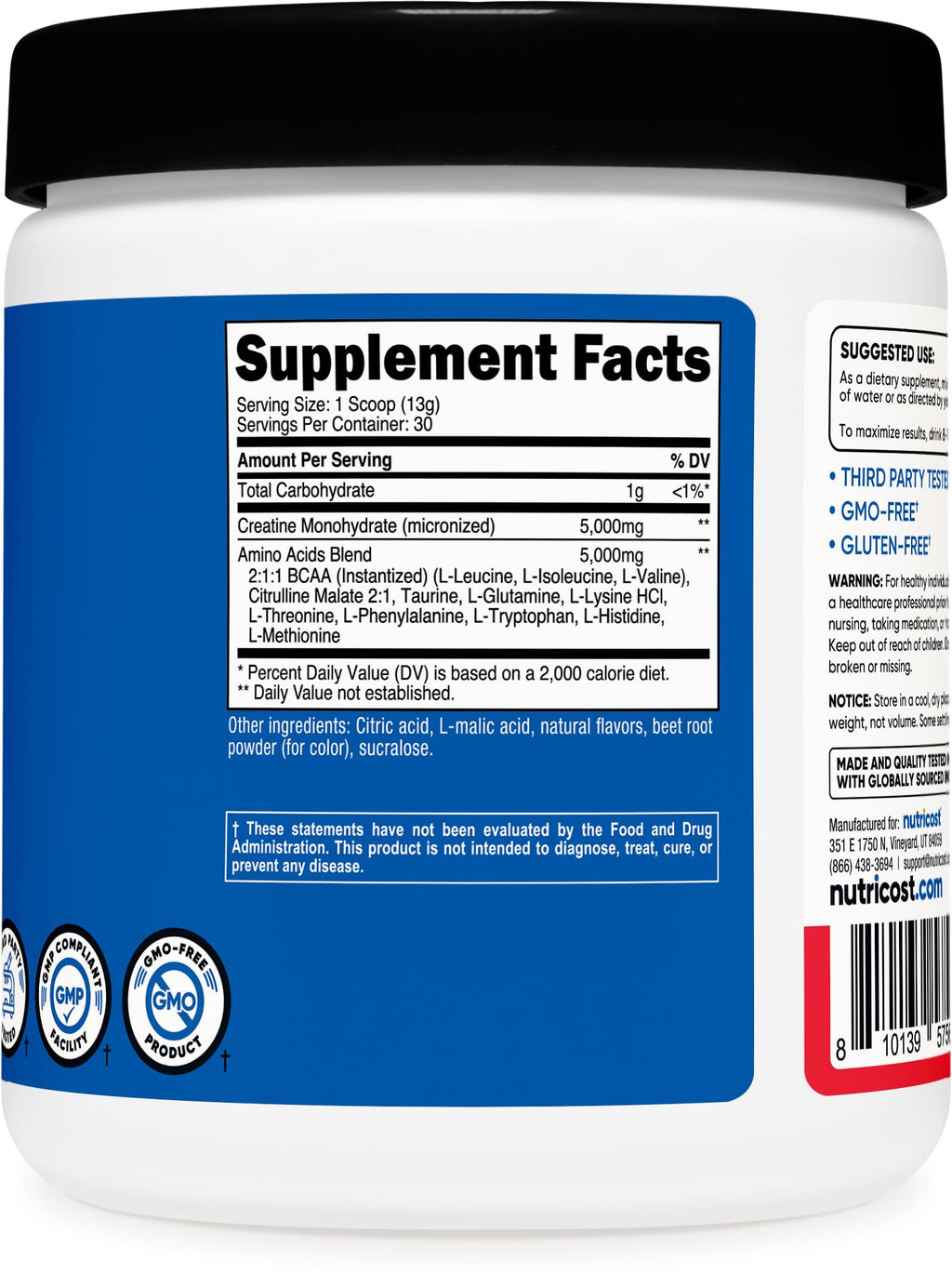Nutricost Creatine + Aminos (30 Servings) – Fruit Punch, 5,000 mg Creatine Monohydrate + 5,000 mg BCAA per Serving