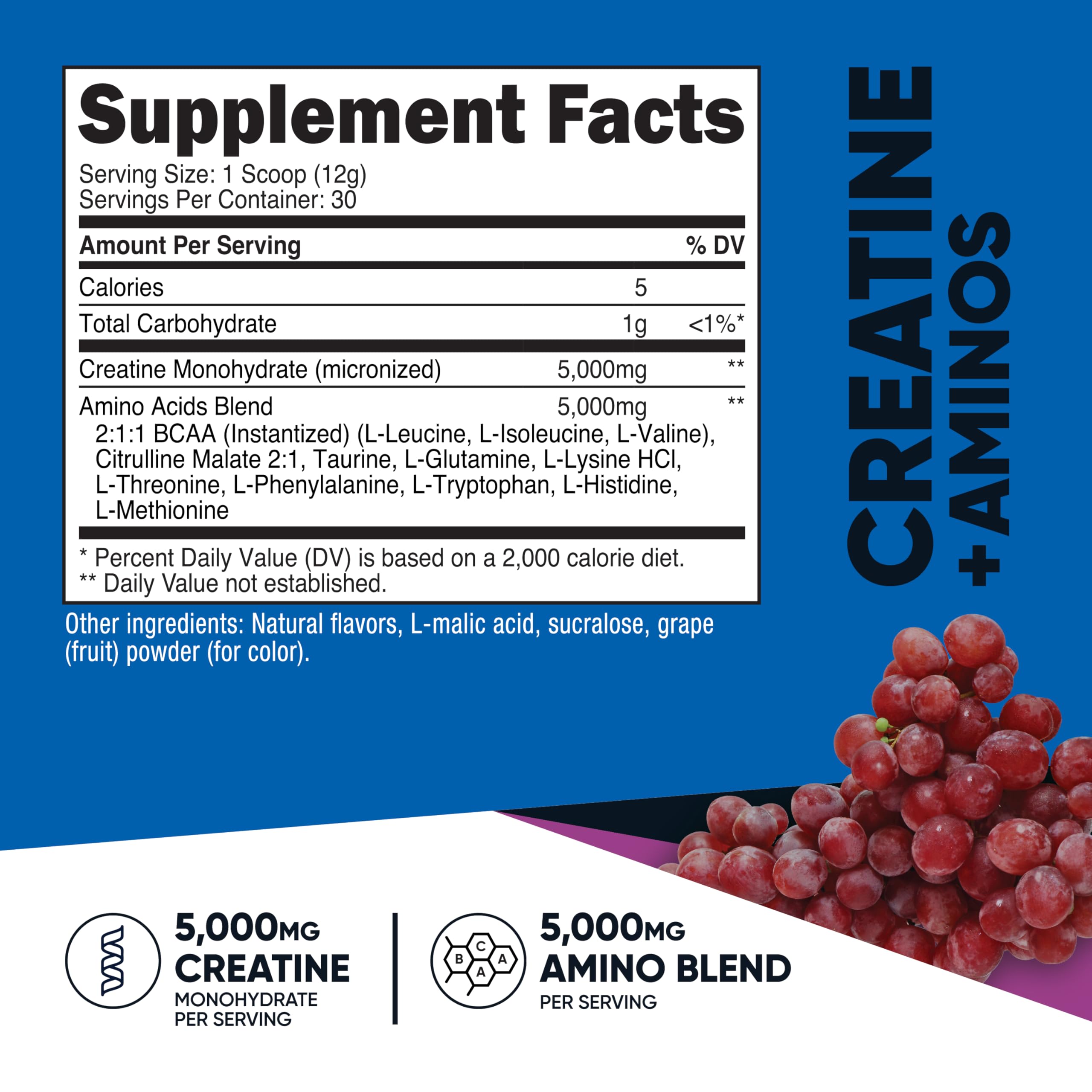 Nutricost Creatine + Aminos 30 Servings (Grape) – 5,000mg Creatine Monohydrate + 5,000mg Amino BCAA per Serving