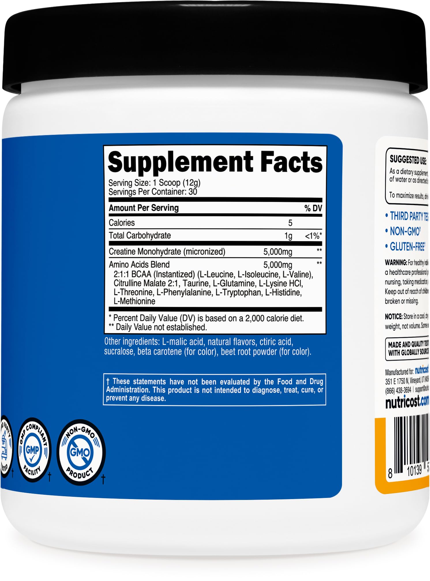 Nutricost Creatine + Aminos 30 Servings Peach Mango – 5,000mg Creatine Monohydrate + 5,000mg BCAA per Serving