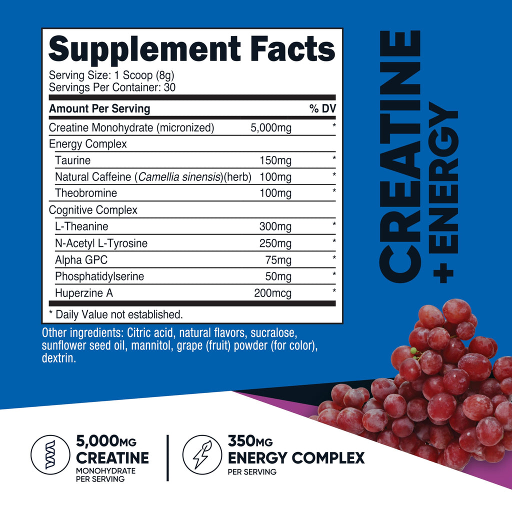 Nutricost Creatine + Energy (Grape) – 30 Servings, 5,000mg Creatine Monohydrate