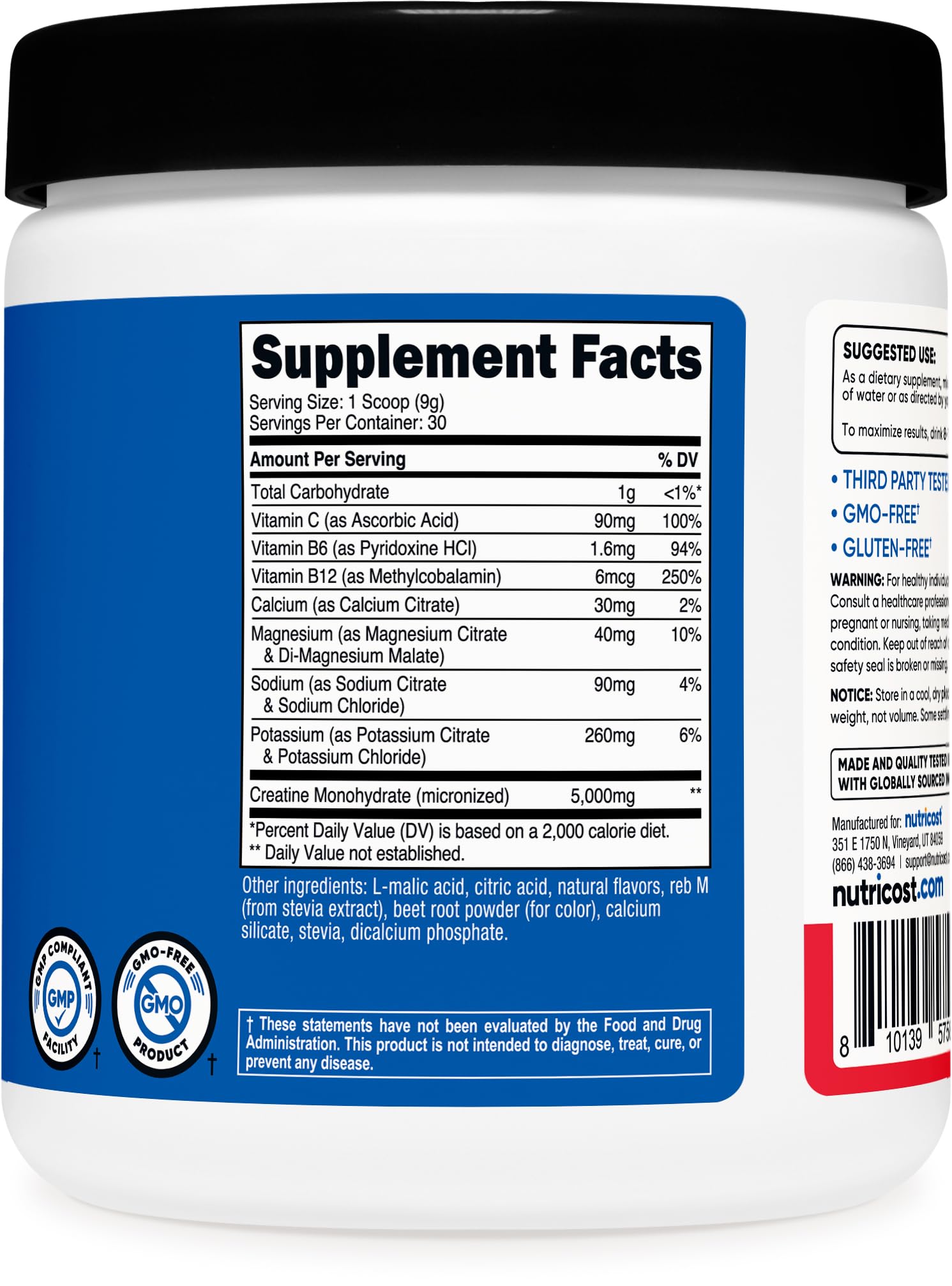 Nutricost Creatine Monohydrate + Hydration Fruit Punch (30 Servings) – 5,000mg Creatine Per Serving, 7 Vitamins & Minerals