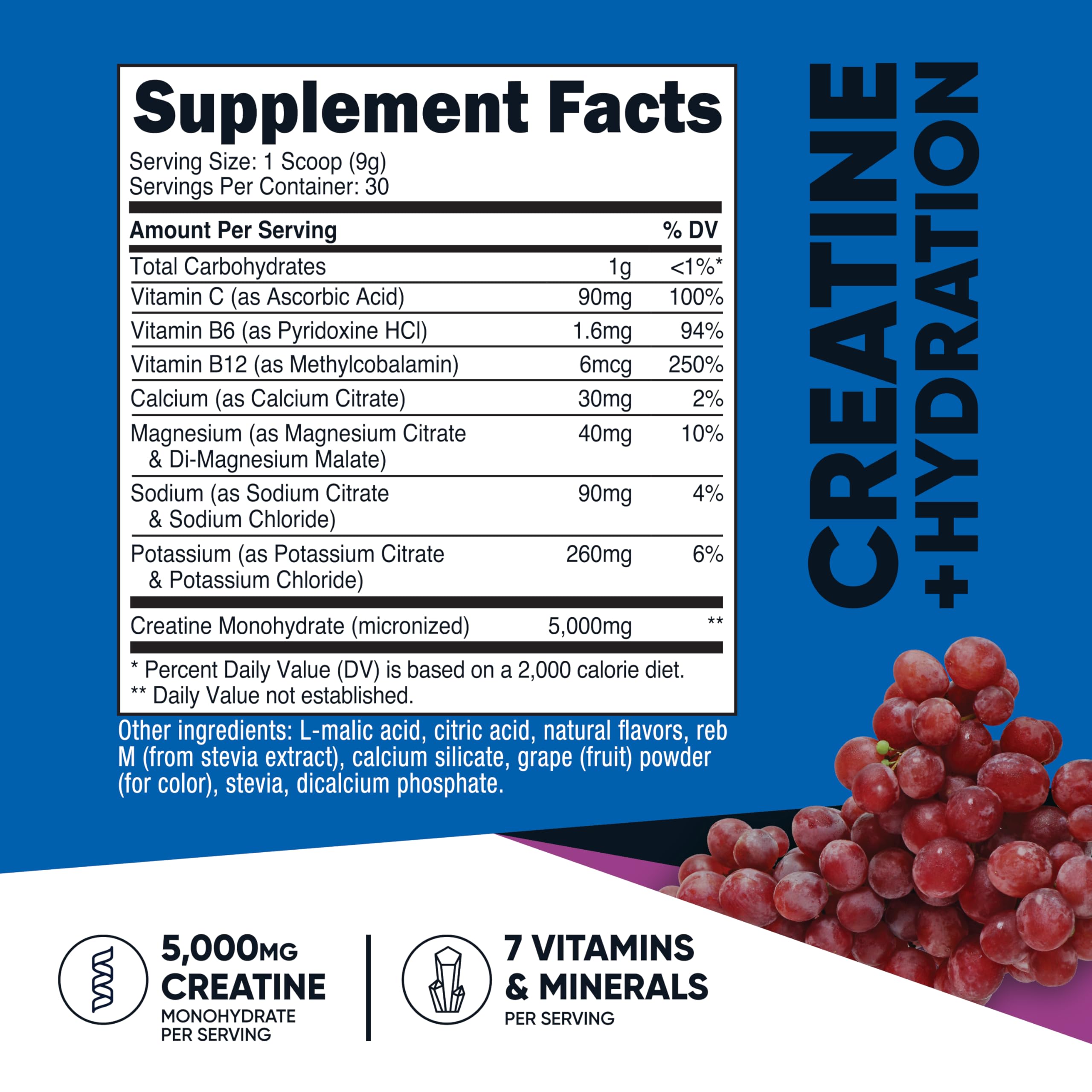Nutricost Creatine Monohydrate + Hydration Grape (30 Servings) - 5,000mg/Serving + 7 Vitamins & Minerals