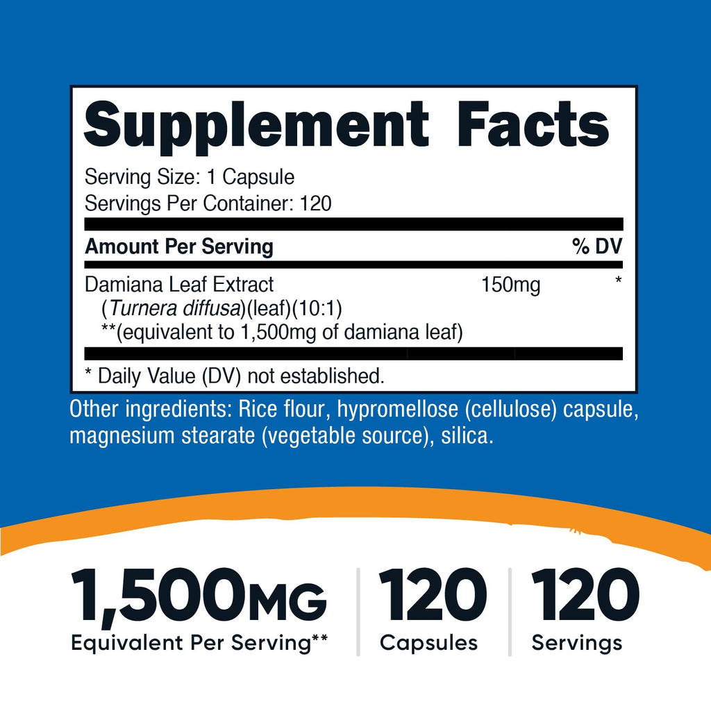 Nutricost Damiana Leaf Capsules (1500 mg Equivalent) – 120 Capsules | Vegan, GMO-Free
