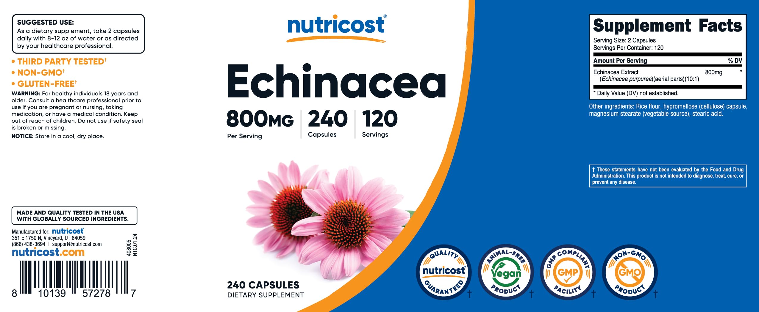 Nutricost Echinacea 800mg - 240 Vegetarian Capsules | Non-GMO, Gluten Free
