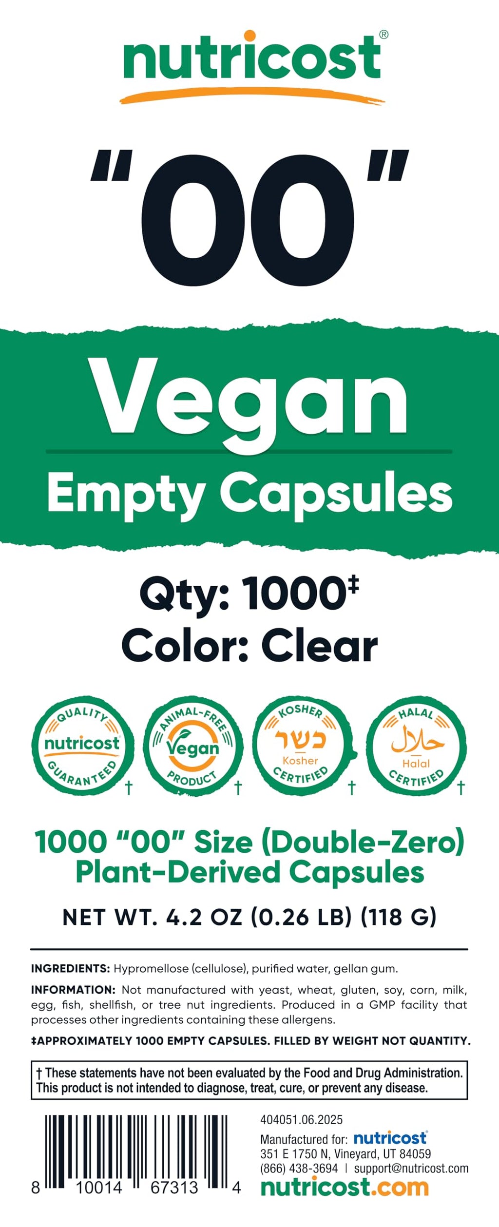 Nutricost Empty Capsules Size 00 – 1000 Clear Plant-Based Capsules (Kosher, Halal, Non-GMO, Soy Free, Gluten Free, Vegetarian)