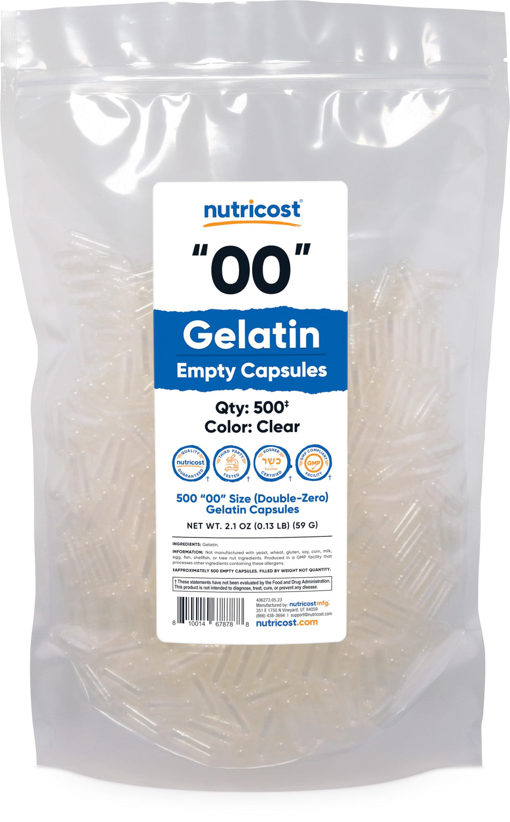 Nutricost Empty Capsules Size 00 - 500 Count | Kosher, Non-GMO, Soy Free, Gluten Free