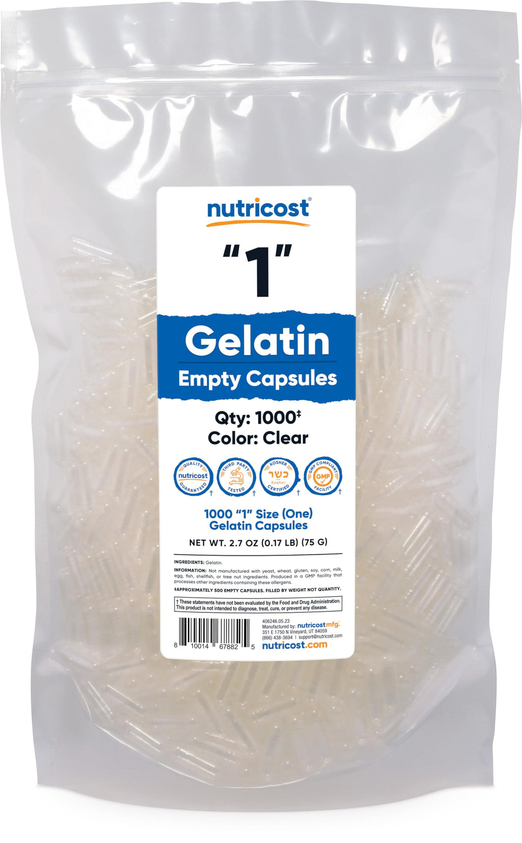 Nutricost Gelatin Size 1 Empty Capsules - 1000 Count | Kosher, Non-GMO, Soy Free, Gluten Free