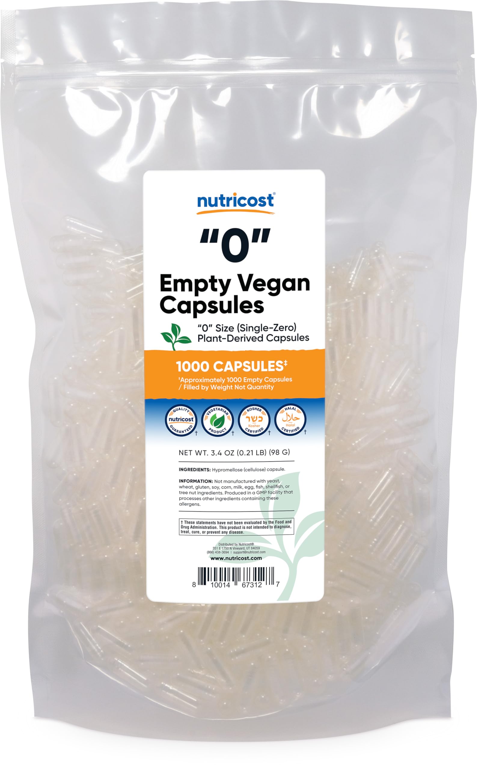Nutricost Size 0 Empty Capsules - 1,000 Clear Plant-Based Capsules (Kosher, Halal, Non-GMO)