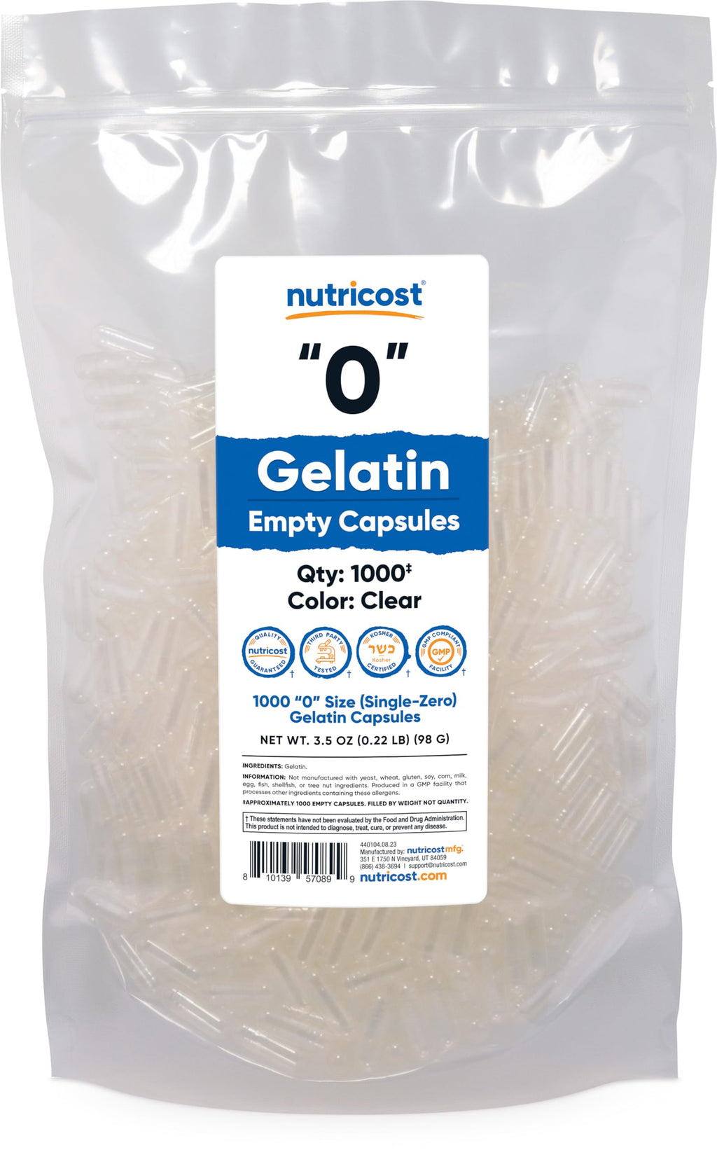 Nutricost Size 0 Empty Gelatin Capsules – 1,000 Clear, Kosher, Non-GMO