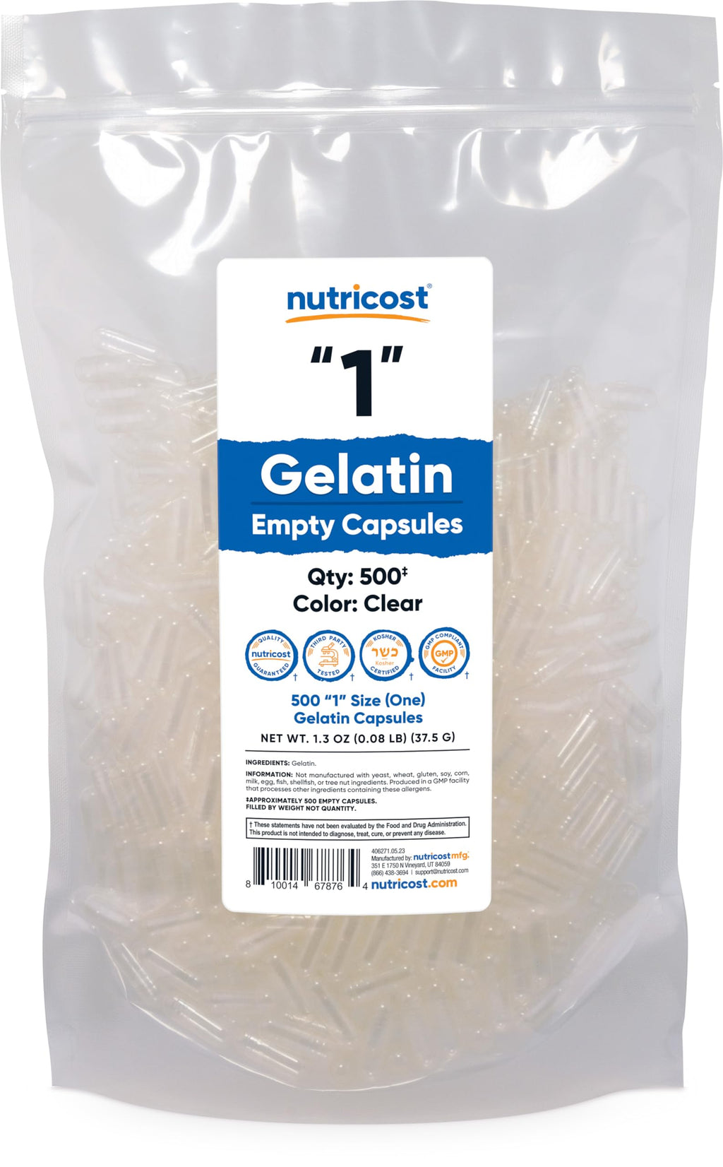 Nutricost Gelatin Size 1 Empty Capsules – 500 Count, Clear – Kosher, Non-GMO, Soy Free, Gluten Free