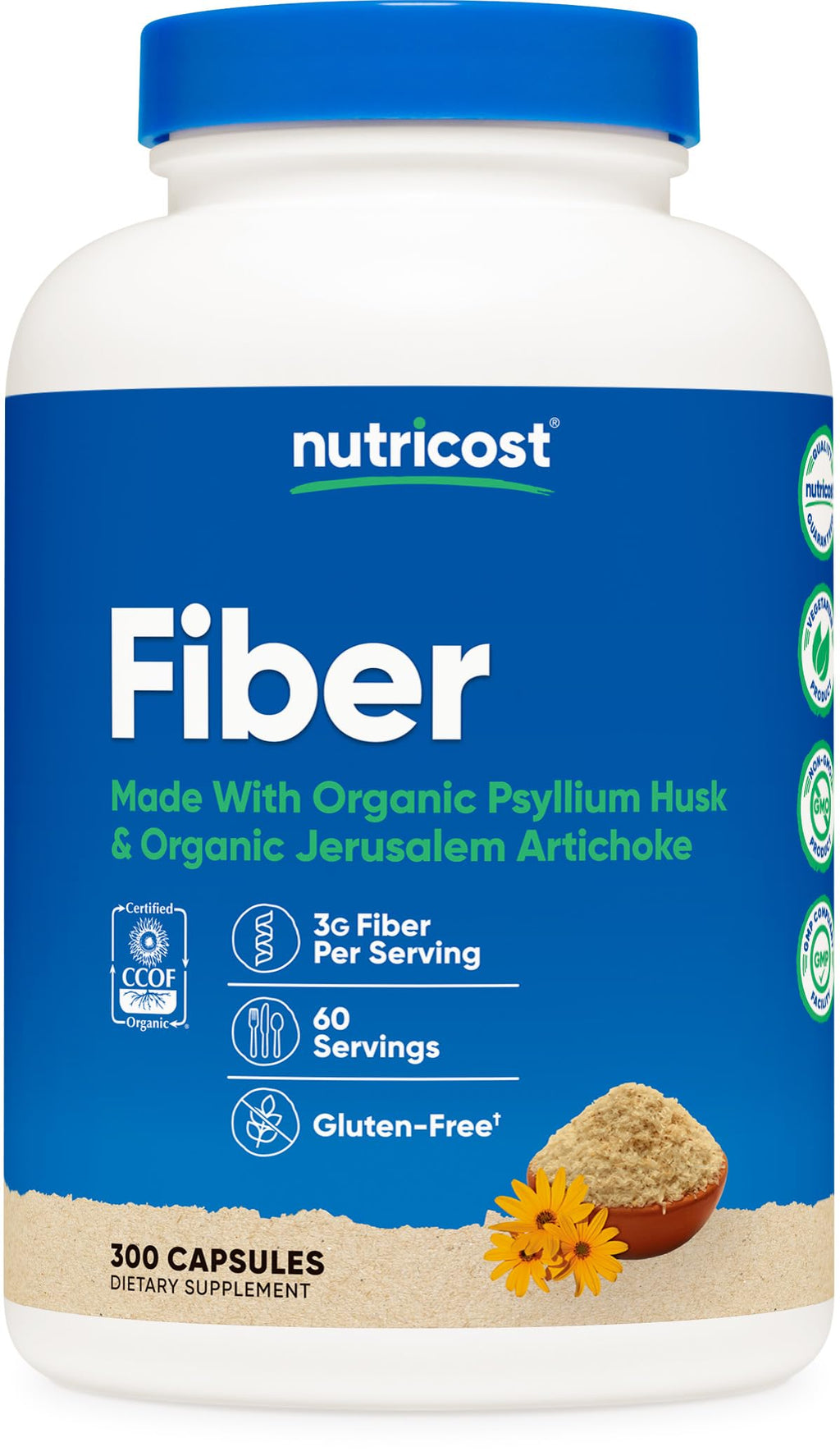 Nutricost Fiber Capsules – Prebiotic Fiber with Organic Psyllium Husk & Organic Jerusalem Artichoke, 300 Caps, 60 Servings, Gluten Free