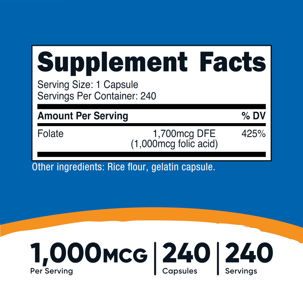 Nutricost Folic Acid 1000 mcg – 240 Capsules | Vitamin B9