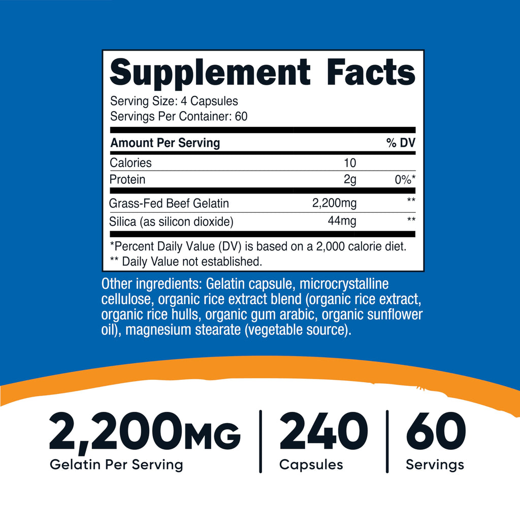 Nutricost Gelatin with Silica (2,200mg) – Grass-Fed Beef Gelatin, Gluten-Free, 60 Servings