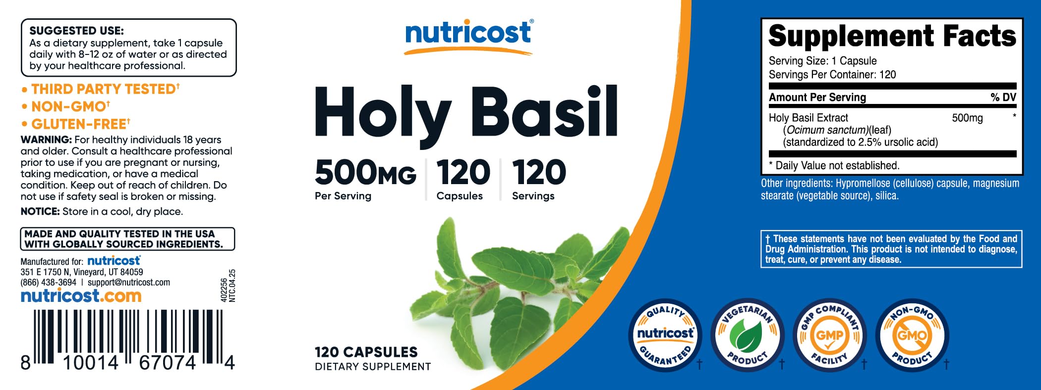Nutricost Holy Basil Capsules 500mg – 120 Vegetarian, Gluten Free & Non-GMO