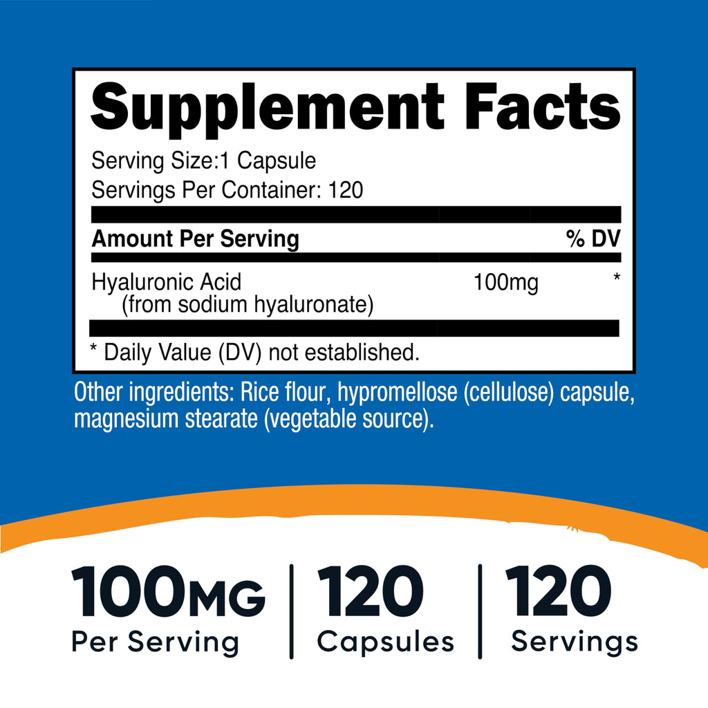 Nutricost Hyaluronic Acid 100mg Capsules – 120 Vegetarian Capsules per Bottle, Gluten Free & Non-GMO (2-pack)