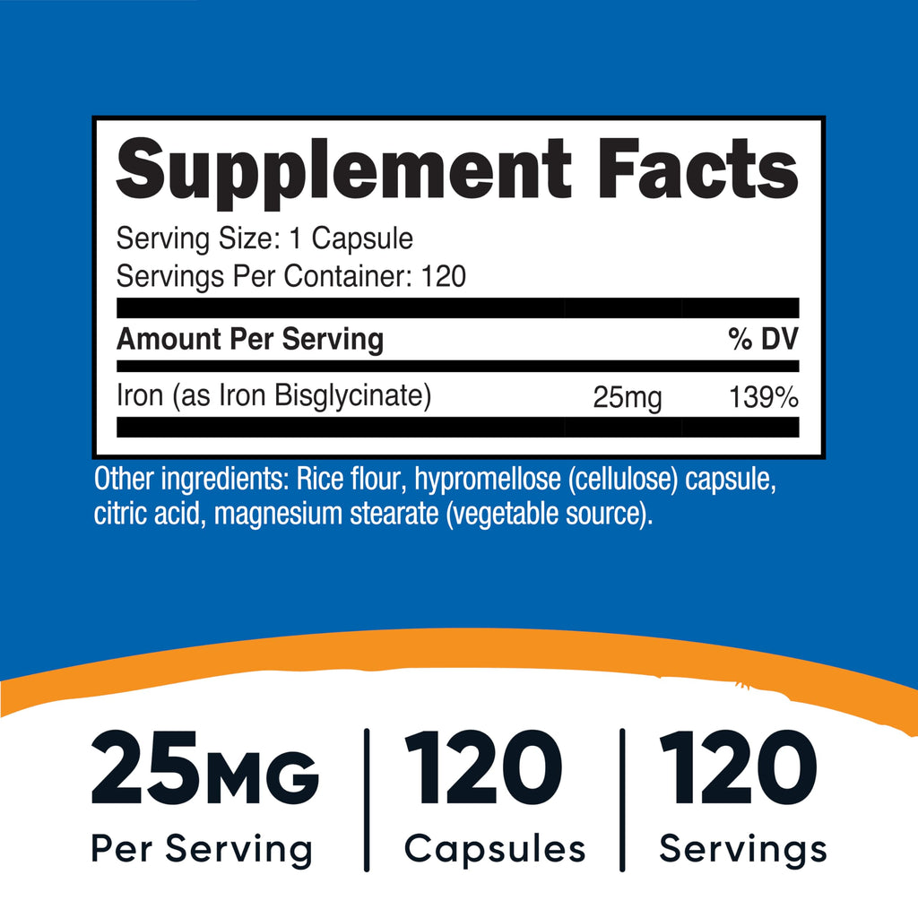 Nutricost Iron Bisglycinate 25mg - 120 Capsules | Non-GMO & Gluten-Free