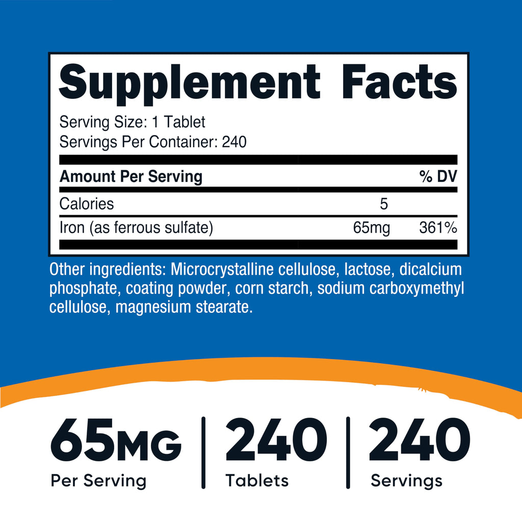 Nutricost Iron (As Ferrous Sulate) 65mg, 240 Tablets – Non-GMO, Gluten Free