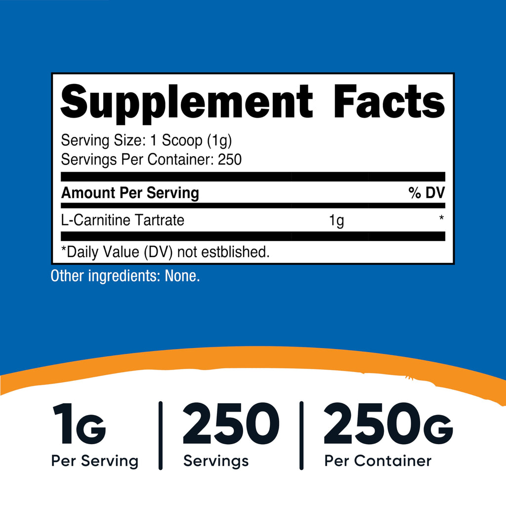 Nutricost L-Carnitine Tartrate Powder – 250g, 1g Serving, 250 Servings