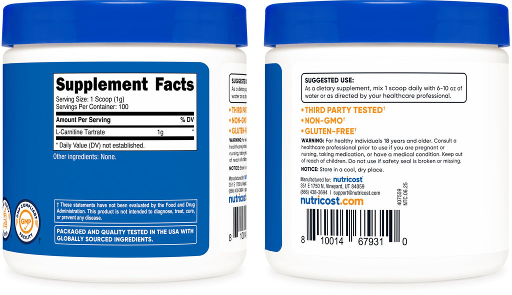 Nutricost L-Carnitine Tartrate Powder 100 g - 1 g per Serving, 100 Servings