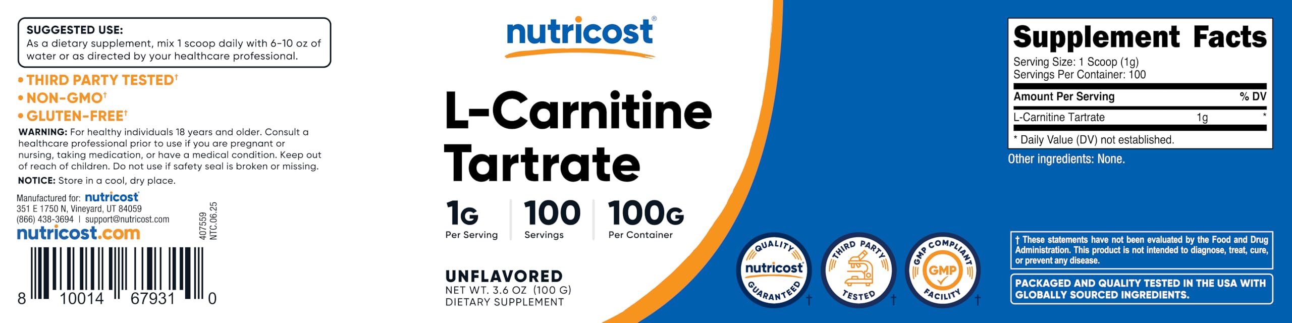 Nutricost L-Carnitine Tartrate Powder 100 g - 1 g per Serving, 100 Servings