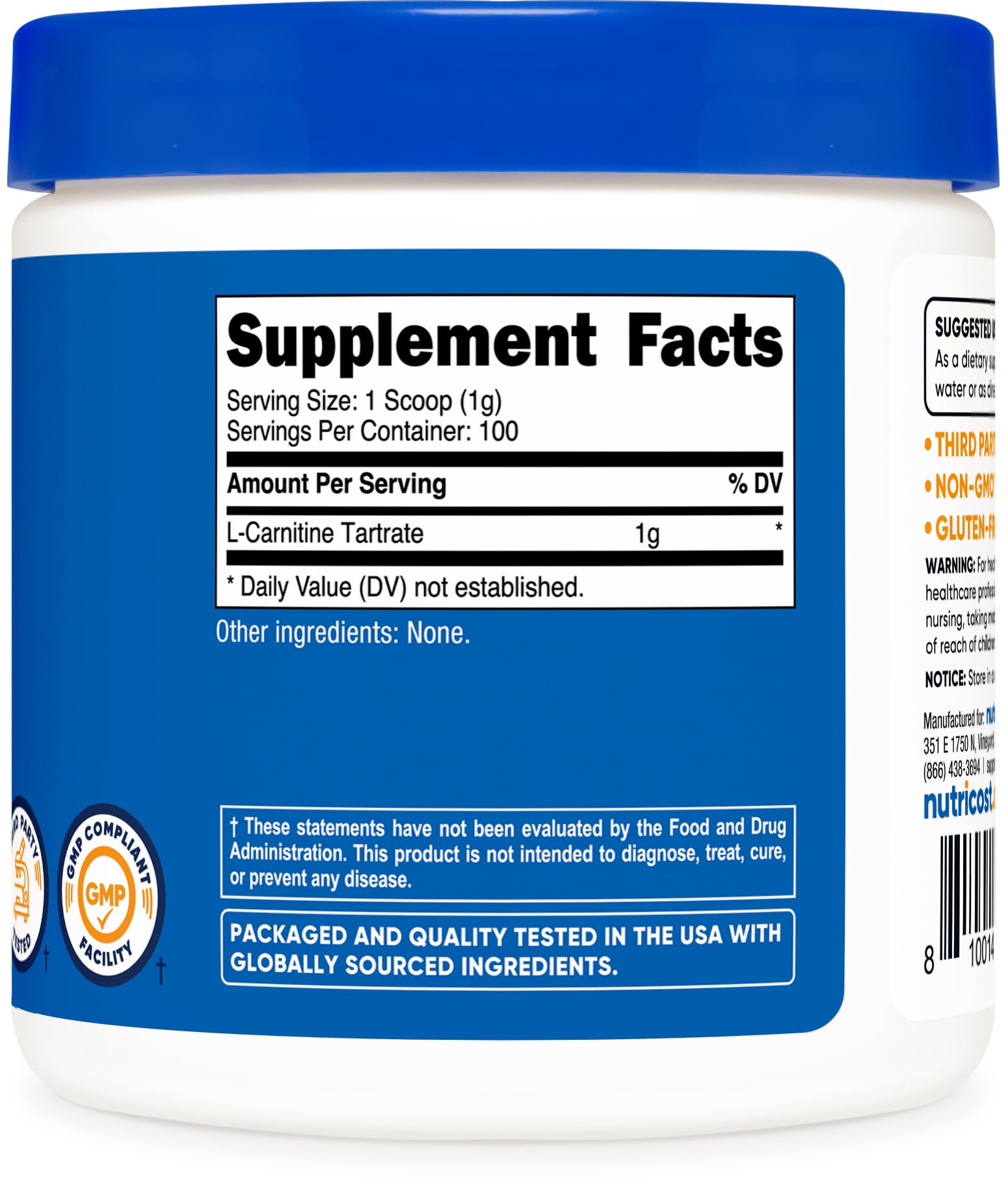 Nutricost L-Carnitine Tartrate Powder 100 g - 1 g per Serving, 100 Servings